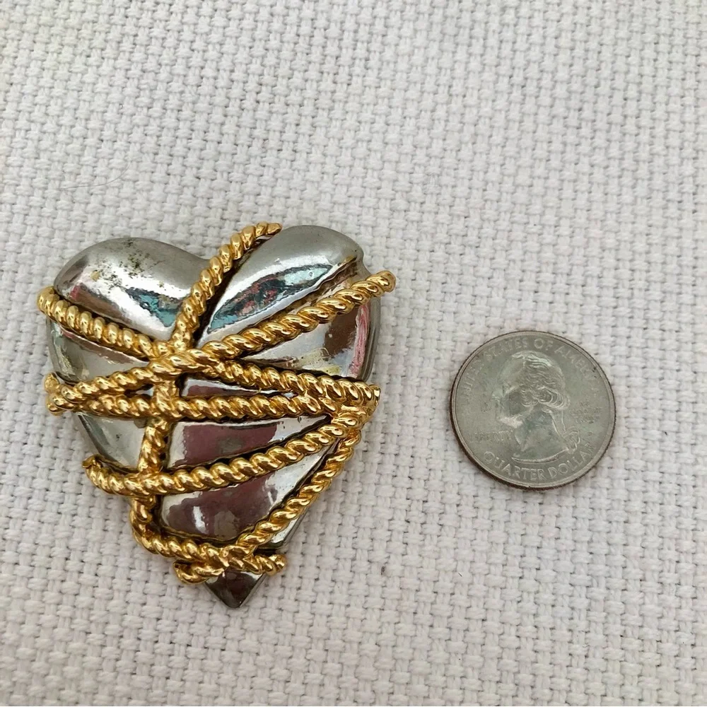 Gold & Silver Heart Rope Wrapped Brooch Big love vintage